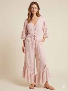 The Clothing Company Jumpsuit Woman’s Size Medium Pink Lace Details Boho